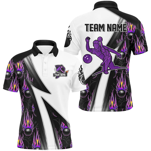 Maxcorners Custom Purple Flame Bowling Black Camo Shirts For Men, Personalized Bowling Team Jerseys