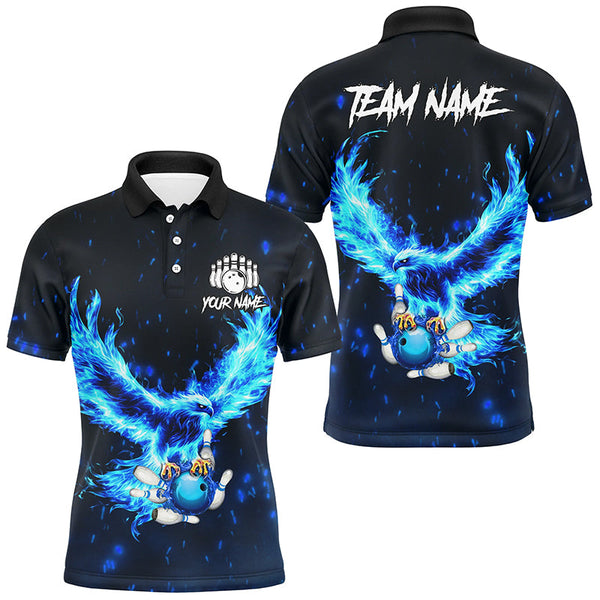 Maxcorners Blue Flame Eagle Custom Bowling Polo, Quarter Zip Shirt For Men Personalized Bowling Team Jerseys