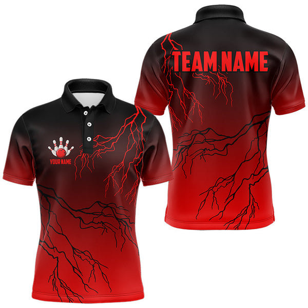 Maxcorners Black And Red Gradient Lightning Thunder Storm Bowling Shirts For Men Custom Bowling Team Jerseys