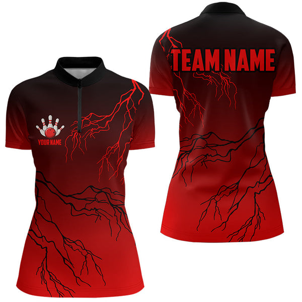 Maxcorners Black And Red Gradient Lightning Thunder Storm Bowling Shirts For Men Custom Bowling Team Jerseys