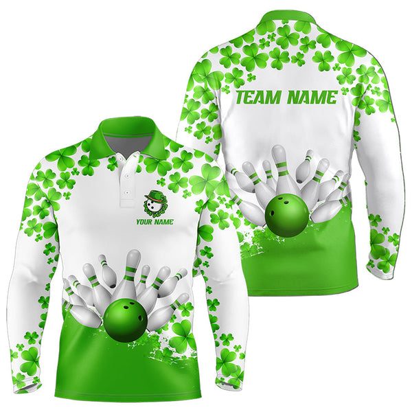 Maxcorners Green And White Shamrock Pattern Bowling Shirts For Men Custom St Patrick Day Bowling Team Jerseys
