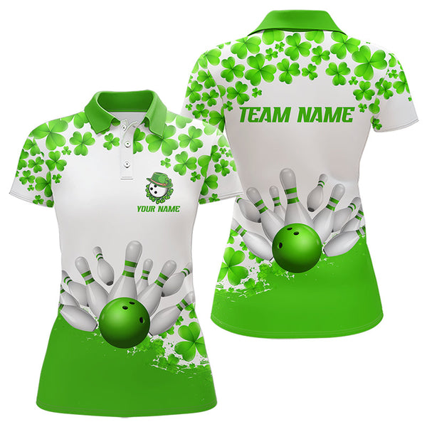 Maxcorners Green And White Shamrock Pattern Bowling Shirts For Men Custom St Patrick Day Bowling Team Jerseys