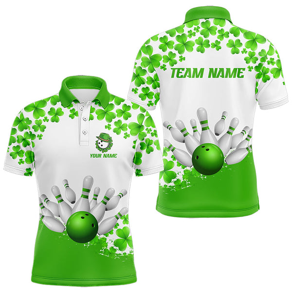 Maxcorners Green And White Shamrock Pattern Bowling Shirts For Men Custom St Patrick Day Bowling Team Jerseys