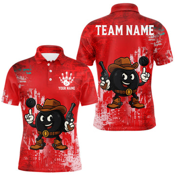 Maxcorners Custom Funny Cowboy Gunster Bowling Polo, 1/4 zip Shirts For Men, Bowling Team League Jerseys | Red