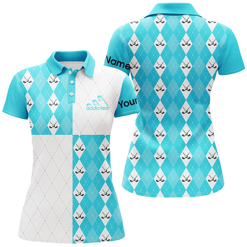 Maxcorners Golf Addicted Women Golf Polo Shirts Custom Cyan Blue And White Golf Ball Clubs Argyle Plaid Pattern