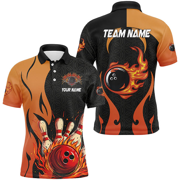 MaxCorners Bowling And Pins Black And Orange Flame Customized Name 3D Polo Shirt Unisex