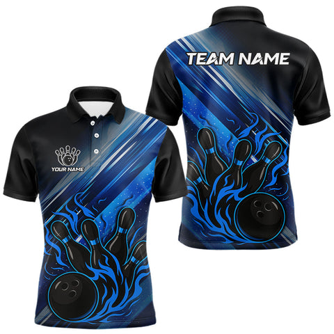 Maxcorners Black and Blue Flame Bowling Polo, Quarter Zip Shirt For Men Custom Team Mens Bowling Jerseys TU1906