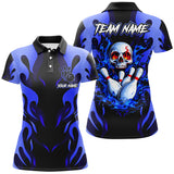 Maxcorners Bowling Ball And Pins Black And Blue Flame Skull Customized Name, Team Name 3D Polo Shirt