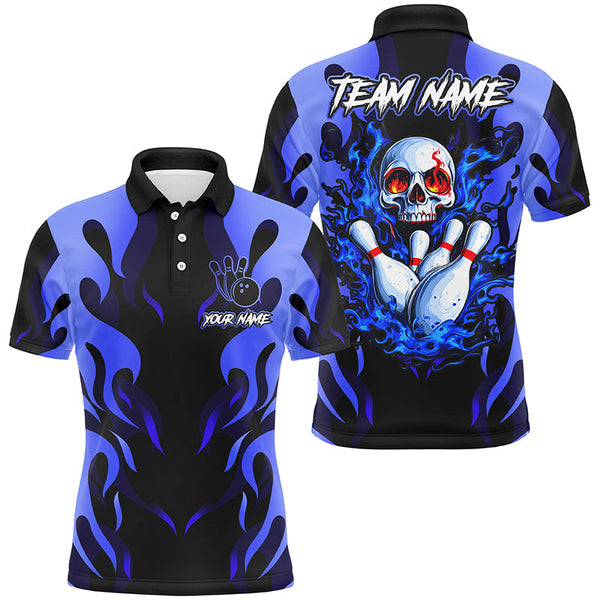 Maxcorners Bowling Ball And Pins Black And Blue Flame Skull Customized Name, Team Name 3D Polo Shirt