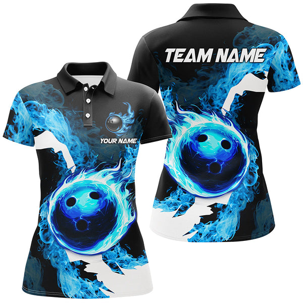 Maxcorners Blue Flame Fire Bowling Shirts Custom Bowling Team Jersey Bowling Polo & Quarter-Zip Shirts