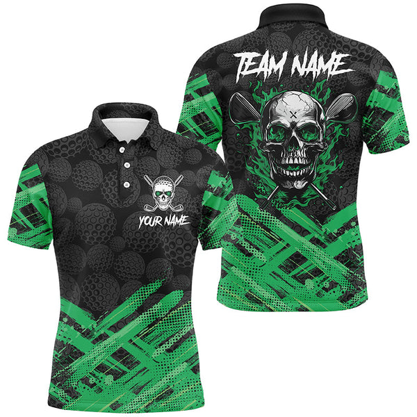 Maxcorners Black Camo Mens golf polo shirts custom Green Flame Skull golf attire for men, gifts for the golfer