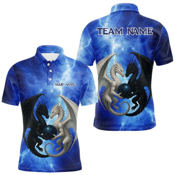 Maxcorners Black And White Dragon Blue Lightning Thunder Custom Bowling Shirt For Men, Dragon Bowling Team Shirt TU0909