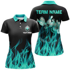 Maxcorners Personalized Polo Bowling Shirt Turquoise Flame Bowling Ball Pins Bowling Jerseys For Men And Women Bowler