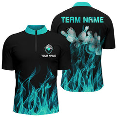 Maxcorners Personalized Polo Bowling Shirt Turquoise Flame Bowling Ball Pins Bowling Jerseys For Men And Women Bowler