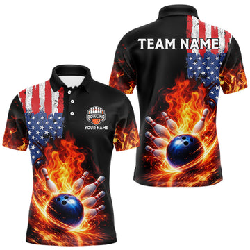 Maxcorners American Flag Flame bowling polo, quarter zip shirts for Men Custom patriotic team bowling jerseys LM0901