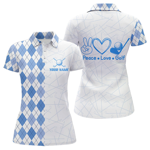 Maxcorners Blue Argyle Pattern Mens Golf Polo Shirts Custom Peace Love Golf Team Jerseys, Golf Attire For Men