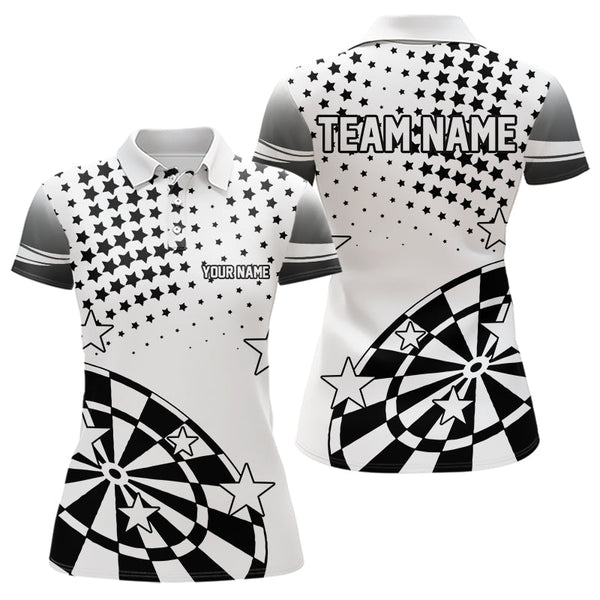 Maxcorners Personalized Black And White Stars Darts Polo, Quarter Zip Shirt For Men And Women Custom Dart Team Jerseys