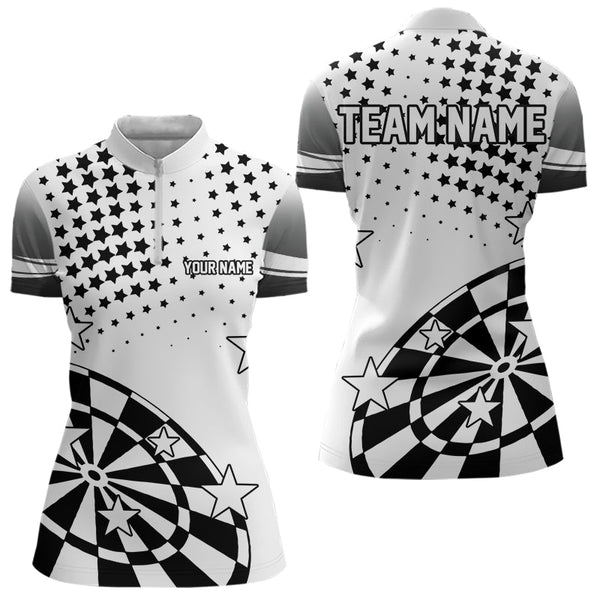 Maxcorners Personalized Black And White Stars Darts Polo, Quarter Zip Shirt For Men And Women Custom Dart Team Jerseys