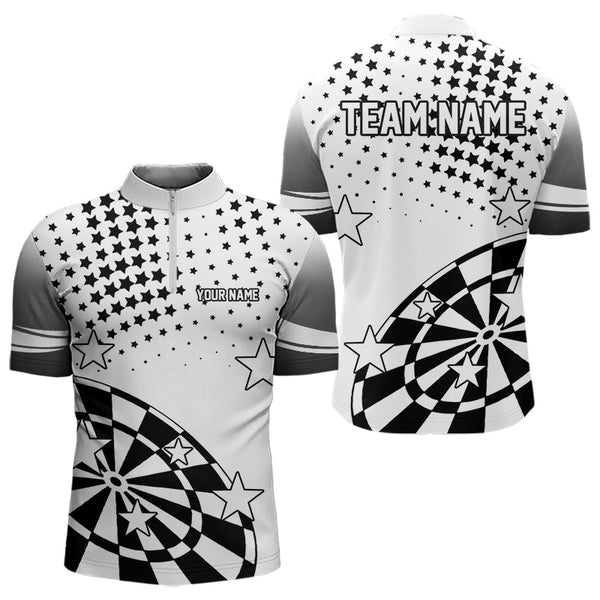 Maxcorners Personalized Black And White Stars Darts Polo, Quarter Zip Shirt For Men And Women Custom Dart Team Jerseys
