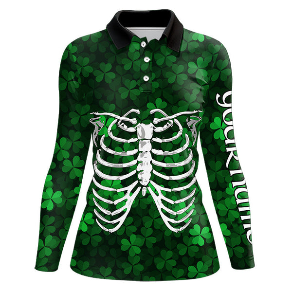 Maxcorners Green shamrock pattern funny Skeleton Mens golf polo shirts custom St Patrick Day golf attire for men