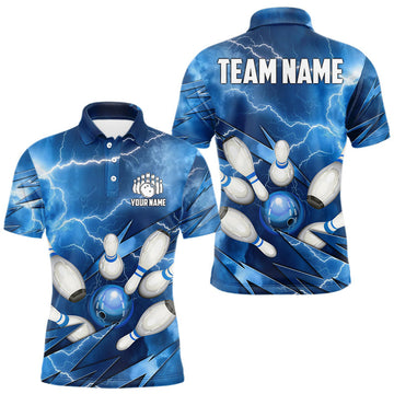 Maxcorners Blue Lightning Thunder Bowling Shirts For Men Custom Bowling Team League Jersey, Gift For Bowlers LM2603