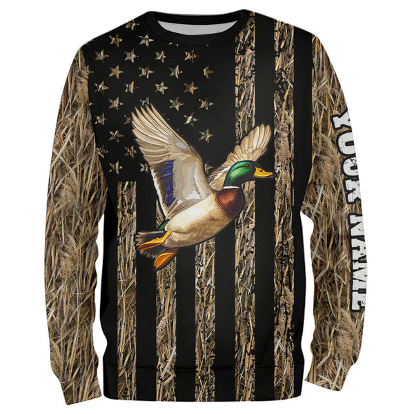 Maxcorners Duck Hunting Camo American Flag Customize Name Patriotic Duck Hunting 3D All Over Printed Shirts