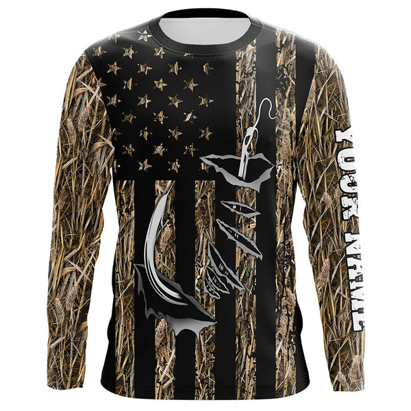 Maxcorners Personalized American Flag Camo Fishing Jerseys, Fish hook camo patriotic Long Sleeve Fishing Shirts MT2108