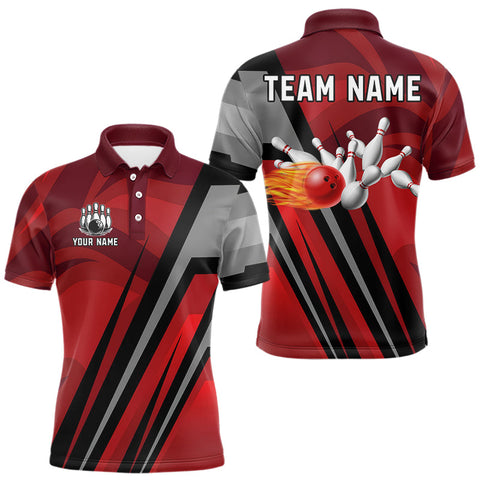 Maxcorners Red Camo Flame Bowling Polo, Quarter Zip Shirts For Men Custom Team Jerseys bowling outfits for men MT0811