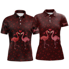 Maxcorners Funny Flamingo Red Heart Pattern Matching Golf Shirt For Couple Custom His And Her Valentine Golf Tops For Men And Women
