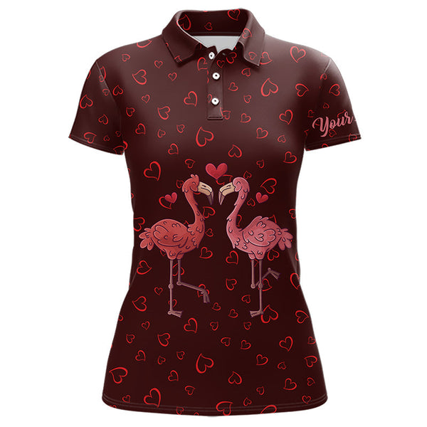 Maxcorners Funny Flamingo Red Heart Pattern Matching Golf Shirt For Couple Custom His And Her Valentine Golf Tops For Men And Women