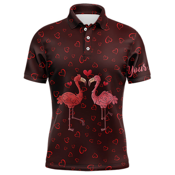 Maxcorners Funny Flamingo Red Heart Pattern Matching Golf Shirt For Couple Custom His And Her Valentine Golf Tops For Men And Women