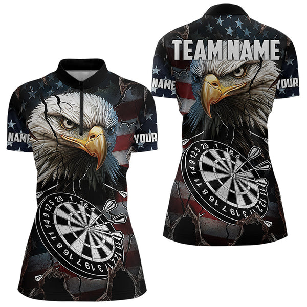 Maxcorners Personalized Eagle American Flag Dart Polo, Quarter Zip Shirt For Men Custom Patriotic Darts Jersey
