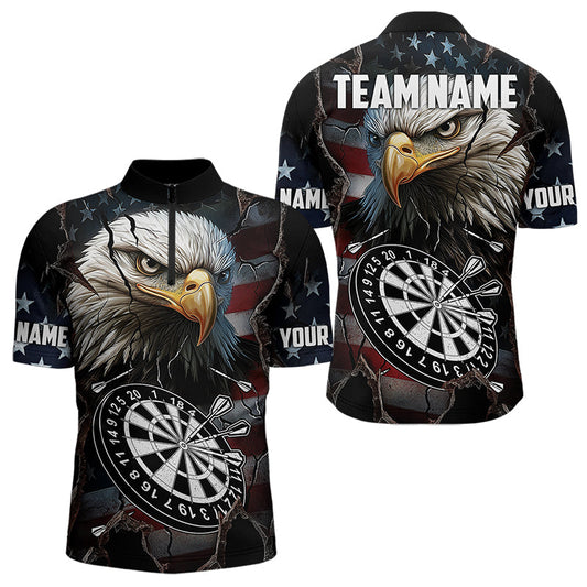 Maxcorners Personalized Eagle American Flag Dart Polo, Quarter Zip Shirt For Men Custom Patriotic Darts Jersey