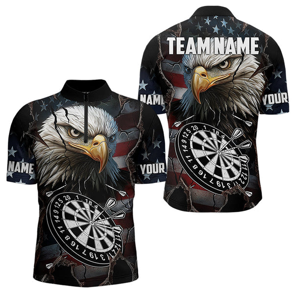 Maxcorners Personalized Eagle American Flag Dart Polo, Quarter Zip Shirt For Men Custom Patriotic Darts Jersey