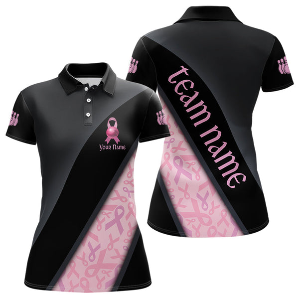 Maxcorners Black and Pink Ribbon Breast cancer Bowling Polo, 1/4 Zip Shirt for Men Custom Bowling Team Jersey