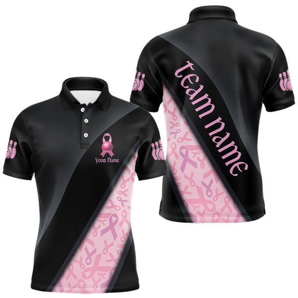 Maxcorners Black and Pink Ribbon Breast cancer Bowling Polo, 1/4 Zip Shirt for Men Custom Bowling Team Jersey