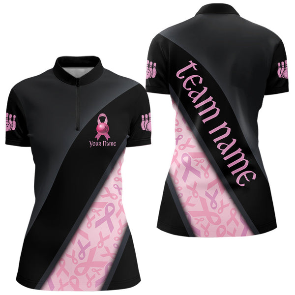 Maxcorners Black and Pink Ribbon Breast cancer Bowling Polo, 1/4 Zip Shirt for Men Custom Bowling Team Jersey