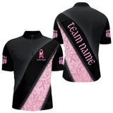 Maxcorners Black and Pink Ribbon Breast cancer Bowling Polo, 1/4 Zip Shirt for Men Custom Bowling Team Jersey