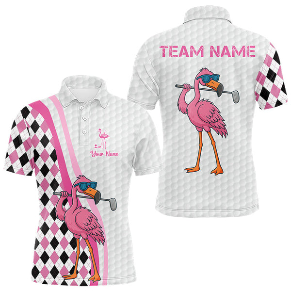 Maxcorners Funny Mens golf polo shirt custom pink and black argyle pattern flamingo white golf shirts MT1007