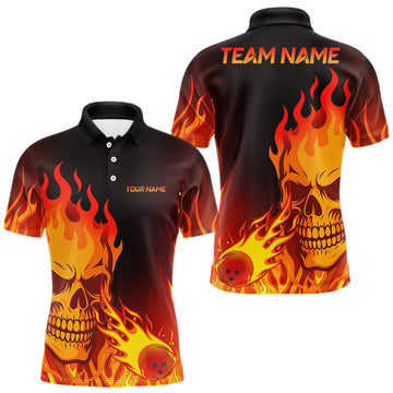 Maxcorners Flame Skull Bowling Polo, Quarter Zip Shirts for Men Custom Skull Fire Bowling Team Outfit Uniform LM1903