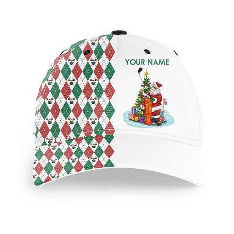 Maxcorners Funny Santa golfer hat custom name Christmas plaid argyle golf ball pattern, Christmas golf gifts