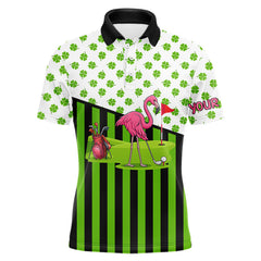 Maxcorners Green shamrock pattern flamingo Men golf polo shirts Custom St Patrick's Day golf outfit for men LM1112