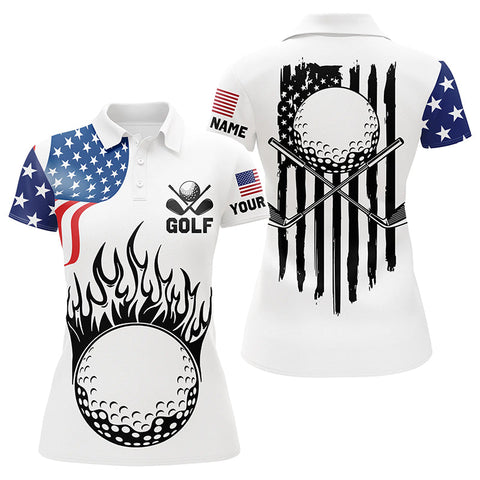 Max Corners American Flag Golf Ball Fire Patriot Golf Tops Customized Name 3D Golf Polo Shirt For Women