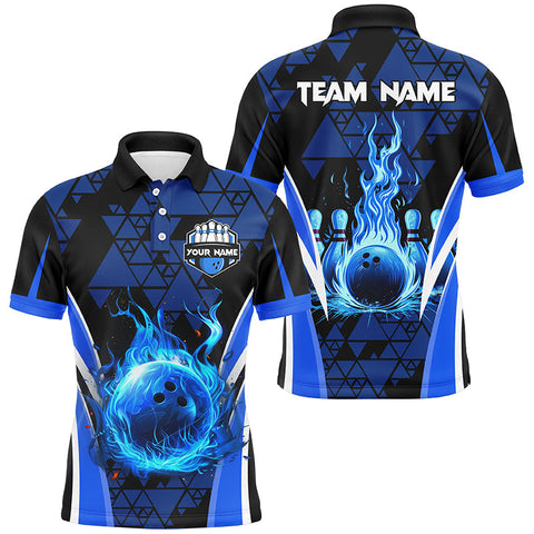 Max Corner Blue triangle pattern flame bowling ball pins Custom Name And Team Shirt