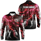 Maxcorners Red Lightning Thunder Black Bowling Polo, Quarter zip Shirt custom storm bowling team jersey