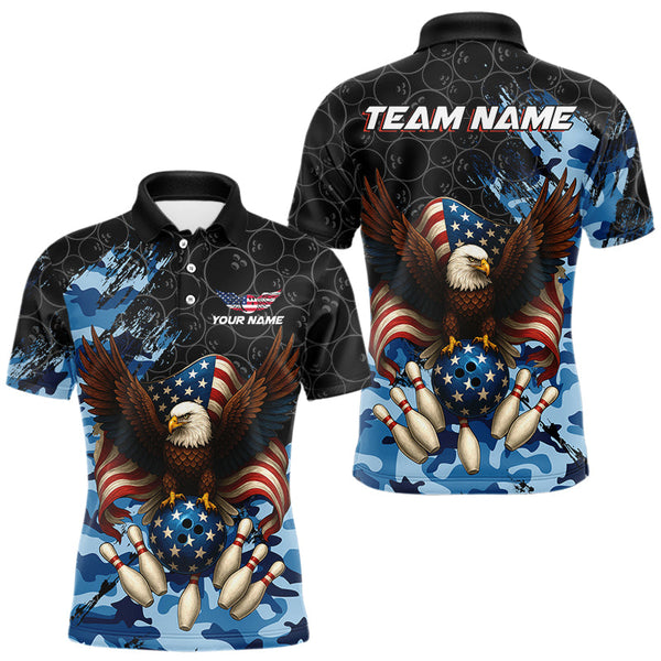 Maxcorners Black and Blue Camo American Flag Eagle Bowling Shirts For Men Custom Patriotic Team Bowling Jersey LM1109