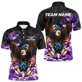 Maxcorners Black and Purple Camo American Flag Eagle Bowling Shirts For Men Custom Patriotic Team Bowling Jersey LM1109