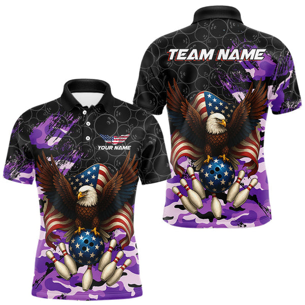 Maxcorners Black and Purple Camo American Flag Eagle Bowling Shirts For Men Custom Patriotic Team Bowling Jersey LM1109