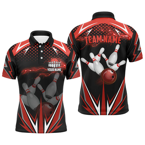 MaxCorners Black Men Bowling Polo Shirt Custom Red Lightning Customized Name 3D And Team Name Bowlings Polo Shirt For Men