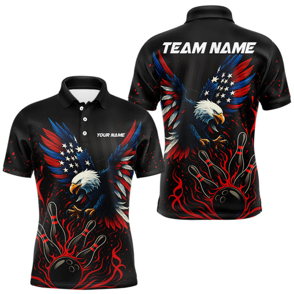 Maxcorners Black and Red Flame American Flag Eagle Bowling Shirts For Men Custom Patriotic Bowling Team Jersey LM1610